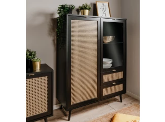 Vysoká skrinka s presklením Vienna, čierna/výplet