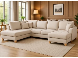 Sedačka Split, krémová látka, tvar ľavé U, bez rozkladu