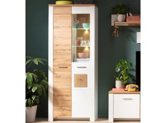 Vysoká vitrína s osvetlením Matera, starý dub/biela