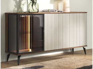 Široká komoda s presklením Vici 154 cm, orech/kašmírovo béžová, s osvetlením