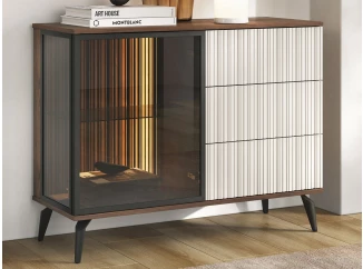 Komoda s presklením Vici 103 cm, orech/kašmírovo béžová, s osvetlením