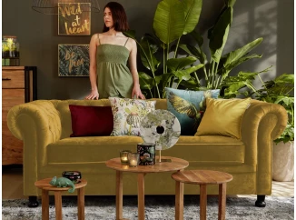 Pohovka Chesterfield, horčicovo žltá látka