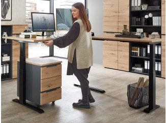 Rohový písací stôl s elektrickým nastavením výšky Memphis, dub artisan