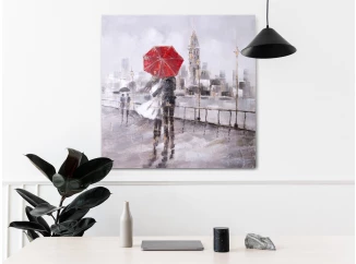 Ručne maľovaný obraz Pár pod dáždnikom 80x80 cm, 3D štruktúra