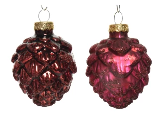 Vianočné ozdoby (6 ks) Šišky, červené trblietavé, sklo