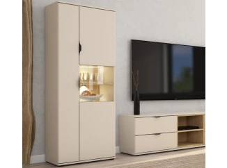 Vysoká skrinka s presklením Avola, béžová kašmír/dub cremona