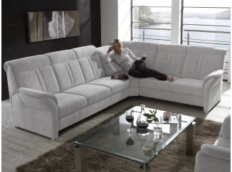 Rohová sedacia súprava Malaga, svetlo šedá látka, s funkciami