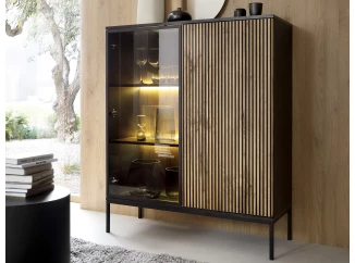 Skrinka s vitrínou Sento, čierna/dub wotan, s osvetlením