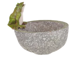 Kŕmidlo pre vtáčiky Žaba na miske, šedý polyresin