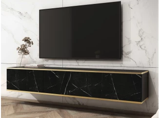 Závesná TV skrinka Orfeo, 175 cm, imitácia mramoru/zlatá
