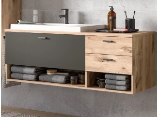 Závesná kúpeľňová skrinka s umývadlom Grado, dub nox/šedá