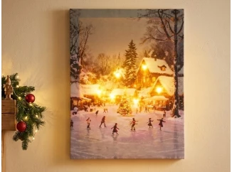 LED vianočný obraz (2 druhy) Zimné korčuľovanie na dedine, 28x38 cm