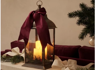 Vianočná dekorácia Lampáš s LED sviečkami a mašľou 49 cm, čierna/zlatá patina