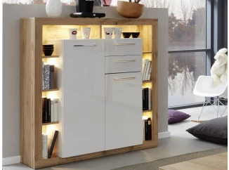 Vysoká komoda Rock, 121 cm, dub Wotan / biely lesk