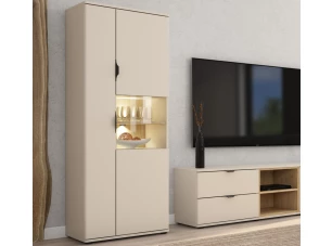 Vysoká skrinka s presklením Avola, béžová kašmír/dub cremona