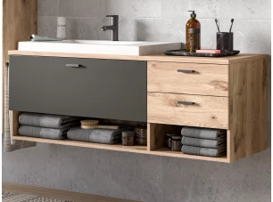 Závesná kúpeľňová skrinka s umývadlom Grado, dub nox/šedá