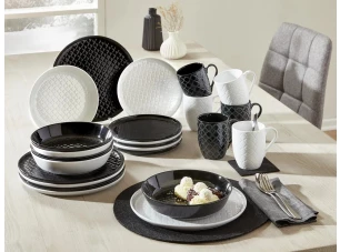 Jedálenský servis (24 dielov) Black and White, jemná štruktúra