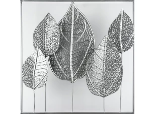 Kovová nástenná dekorácia v ráme Strieborné listy, 50x50 cm