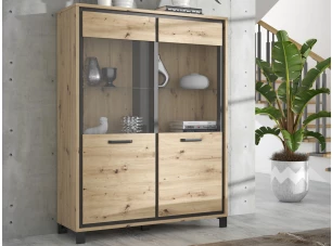 Široká vitrína Trondheim 121 cm, dub artisan/dub čierny