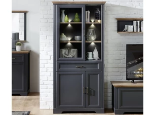 Široká vitrína Jasmin, grafit/dub, s osvetlením