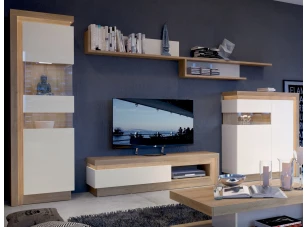 Obývacia stena Lyon, dub riviéra/biela lesk, s osvetlením