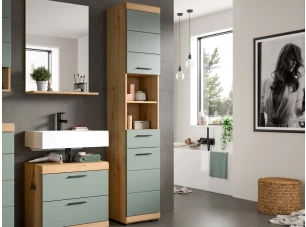 Vysoká kúpeľňová skrinka Scout, dub artisan/šalviovo zelená