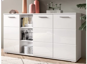 Široká skrinka s priehradkami Prego, 150 cm, biela lesk