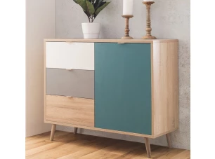 Skrinka Cuba, dub/biela/šedá/petrolejová