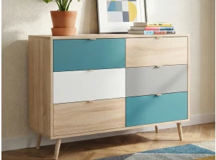 Komoda so zásuvkami Cuba, dub/biela/šedá/petrolejová
