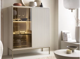 Skrinka s vitrínou Sento, kašmírovo béžová/šampaň, s osvetlením