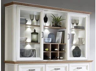 Nástavná vitrína s priehradkami Jasmin,bielená pínia/dub, s osvetlením