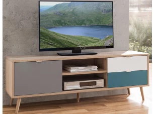 TV skrinka Cuba, dub/biela/šedá/petrolejová