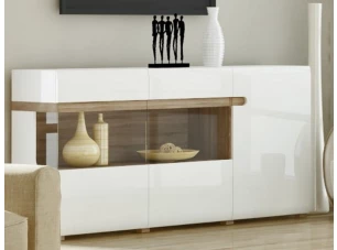 Široká komoda s presklením Linate, biely lesk/dub