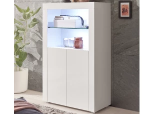 Vysoká skrinka Leeds, biela lesk, s osvetlením