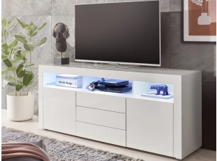 Široká TV skrinka Leeds, biela lesk, s osvetlením