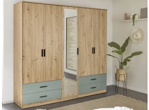 Šatníková skriňa so zrkadlom Savina 225 cm, dub artisan/šalviová