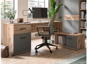 Rohový písací stôl Mason, dub nox/šedý