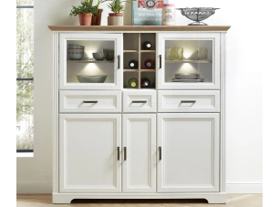 Vysoká komoda s vitrínami Jasmin, bielená pínia/dub, s osvetlením