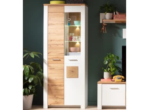 Vysoká vitrína s osvetlením Matera, starý dub/biela