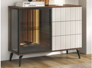 Komoda s presklením Vici 103 cm, orech/kašmírovo béžová, s osvetlením