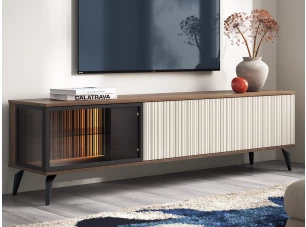 TV skrinka s presklením Vici 180 cm, orech/kašmírovo béžová, s osvetlením