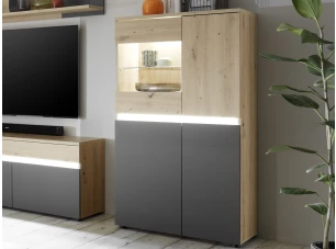 Presklená skrinka Lille, dub artisan/antracit, s osvetlením