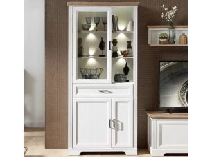 Široká vitrína Jasmin, bielená pínia/dub, s osvetlením
