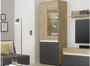 Vysoká vitrína Lille, dub artisan/antracit, s osvetlením