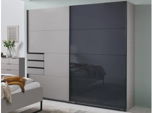 Šatníková skriňa so zásuvkami Tilburg, 225 cm, šedá sahara/čierne sklo