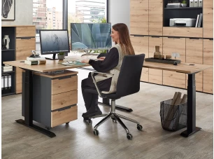 Rohový písací stôl s elektrickým nastavením výšky Memphis, dub artisan