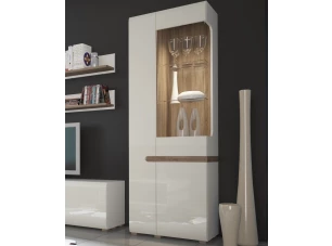 Vysoká vitrína Linate, biely lesk/dub, ľavé dvere