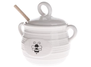 Dóza na med s lyžicou, biela keramika