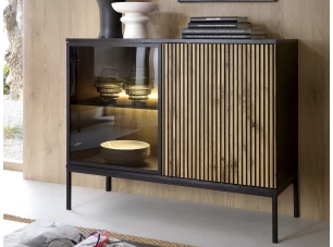 Skrinka Sento, čierna/dub wotan, s osvetlením