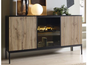 Široká skrinka Sento, čierna/dub wotan, s osvetlením